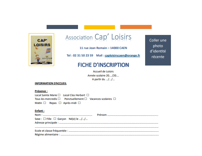 Fiche d'inscription Cap' Loisirs